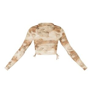 BEIGE JERSEY TIE RUCHED SIDE LONG SLEEVE CROP TOP